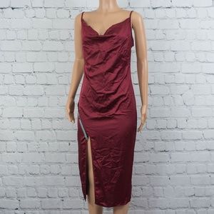 burgundy strappy satin cowl midi dress
